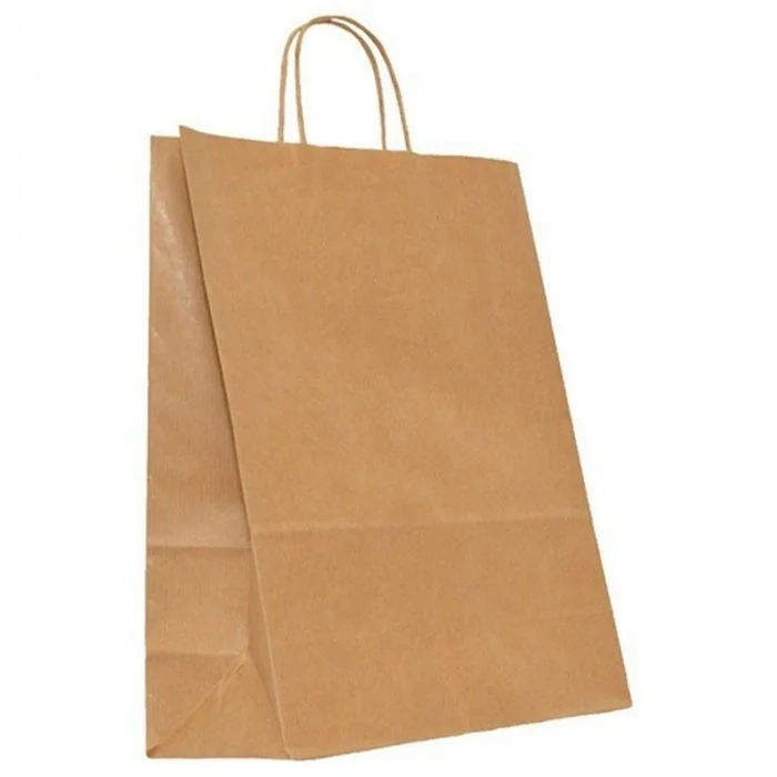 Pungi Hartie Cu Maner Rasucit, Alb/Natur Dimensiuni 180 x 90 x 250 mm, Tip Maner Sfoara, Material Hartie 90 gr/m2, Culoare Al...